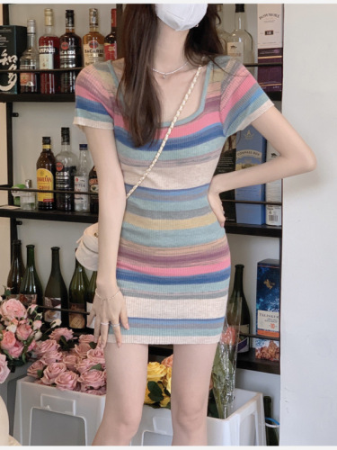 Already shipped Pure Desire Sweet Spicy Color Striped Short Sleeve Knitted Women Summer Waist Slimming Sexy Hip Cover Skirt