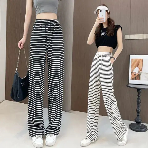 New spring and summer black and white high-waisted wide-leg pants, slim and slim straight pants, loose casual floor-length pants