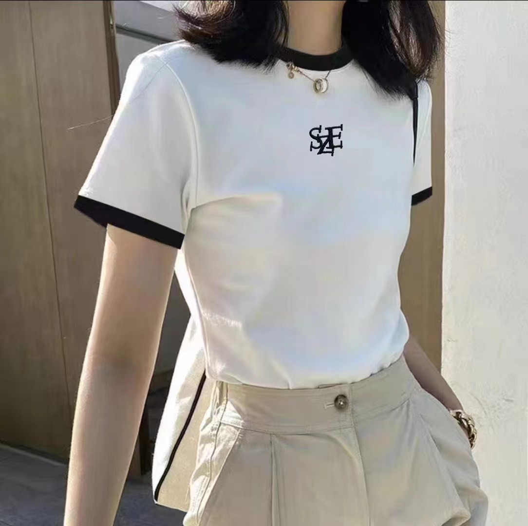 正肩短袖T恤女2024年春季新款修身顯瘦拼接小眾純棉撞色上衣ins潮