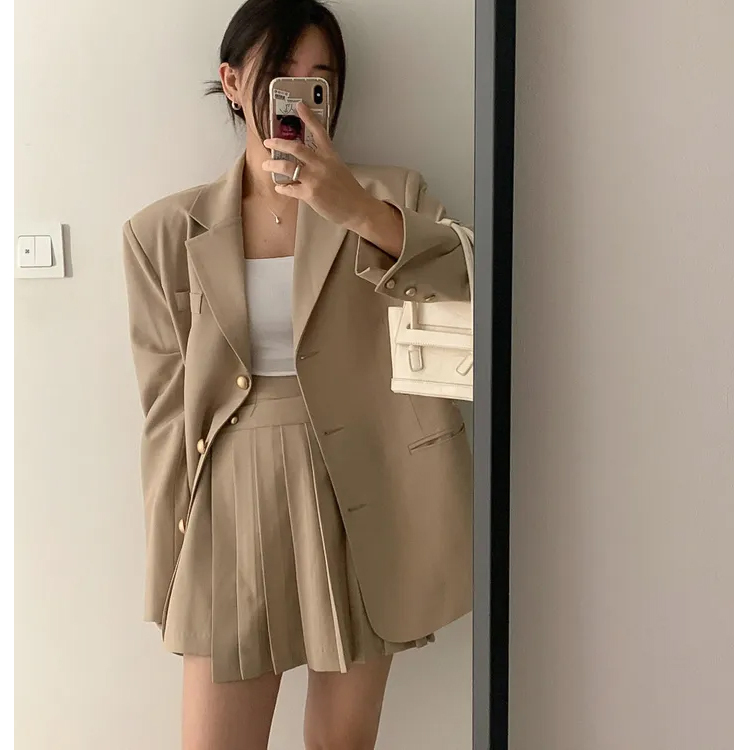 韓版西裝套裝裙春秋新款小個子氣質單排扣西服外套+百褶裙兩件套