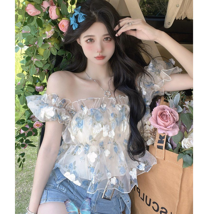Already shipped one-shoulder shirt for women in summer, pure desire, sweet and chic floral puff sleeve design, niche short style