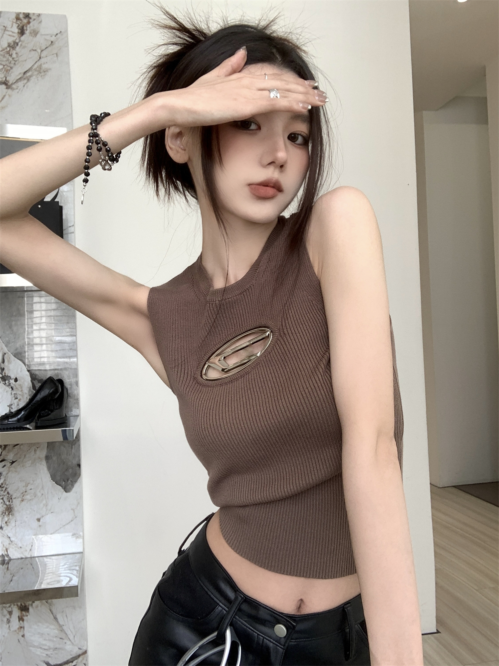 Short hollow letter hottie knitted camisole niche top spring and summer sleeveless sexy anti-exposure bottoming for women