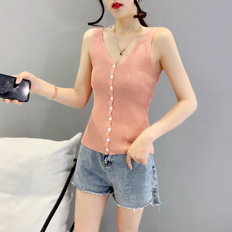背心女夏v領白色小吊帶內搭薄款冰絲針織打底衫性感無袖上衣