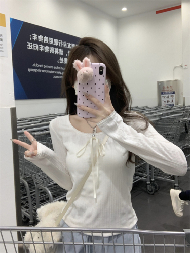Actual shot of spring Korean style sweet bow stitching lace design solid color long-sleeved T-shirt women's top