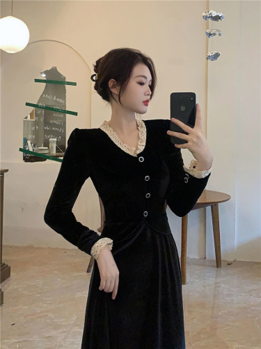 Black plus size temperament goddess French waist slimming long sleeve autumn and winter new dress gold velvet black skirt