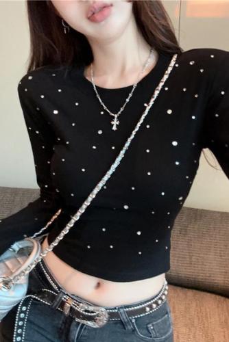 Actual shot~Heavy Industry Hot Diamond Round Neck T-shirt for Women 2024 Spring New Sweet and Spicy Short Style Slim Fit Top