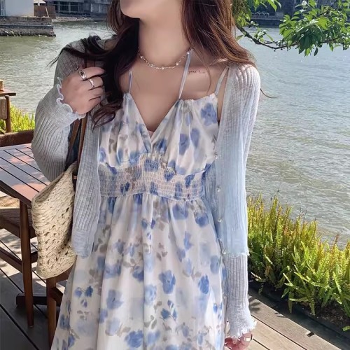 Cardigan with suspender skirt new summer air-conditioned shirt sun protection outer blouse women's thin knitted jacket top