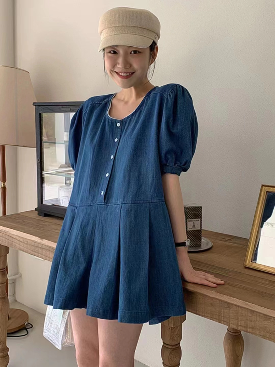 Korean chic summer round neck single breasted puff sleeve babydoll skirt pleated dress