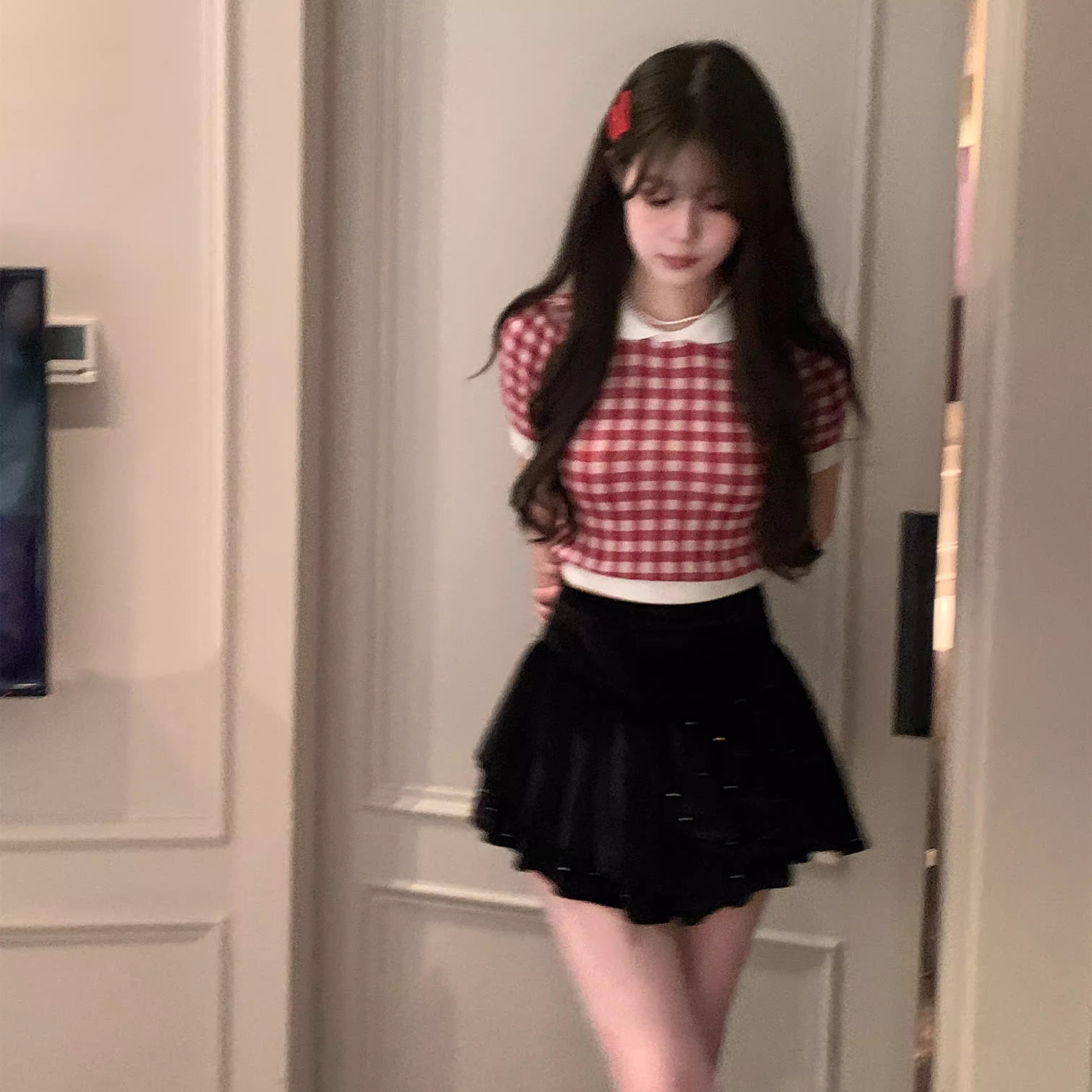 Heartbeat Signal/Waffle Sweetheart Knitted Short Sleeves Pink Checkered Doll Collar Spring Sweet Puff Sleeves Spring and Summer