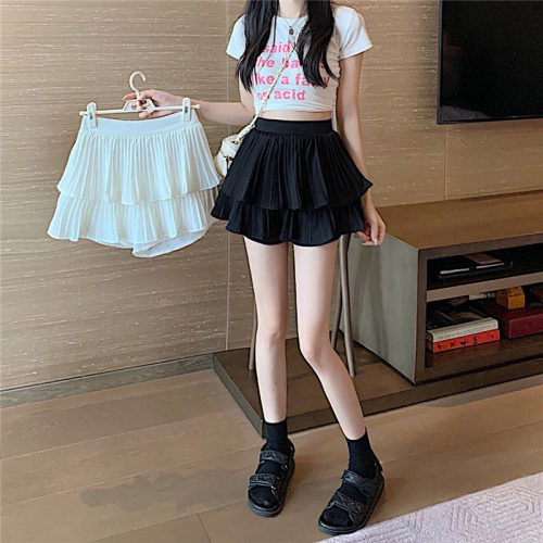 High Waisted A-Line Skirt Pleated Double Layer Cake Skirt - Elastic Waist