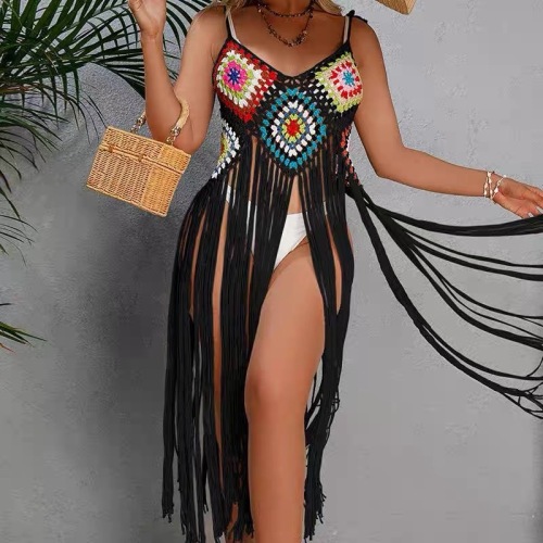 Casual holiday hand hook sexy suspender hollow long tassel solid color seaside beach swimsuit bikini cover-up skirt for women