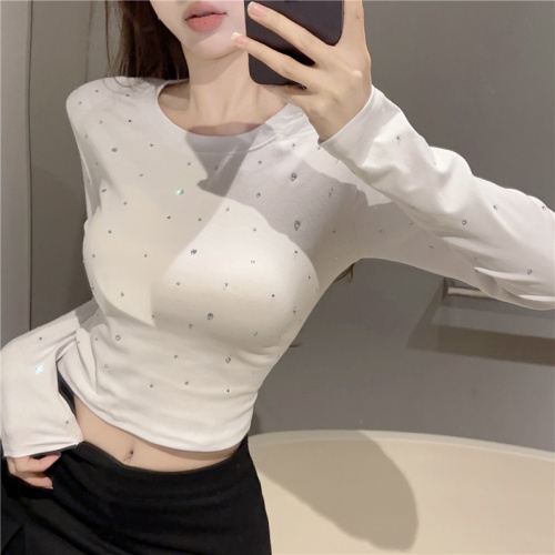Actual shot~Heavy Industry Hot Diamond Round Neck T-shirt for Women 2024 Spring New Sweet and Spicy Short Style Slim Fit Top
