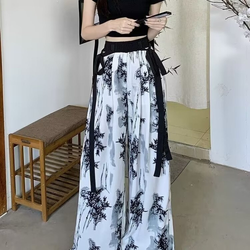Ink bamboo chiffon wide-leg pants for women, high-waisted, slim, summer thin, loose, straight, lazy casual pants