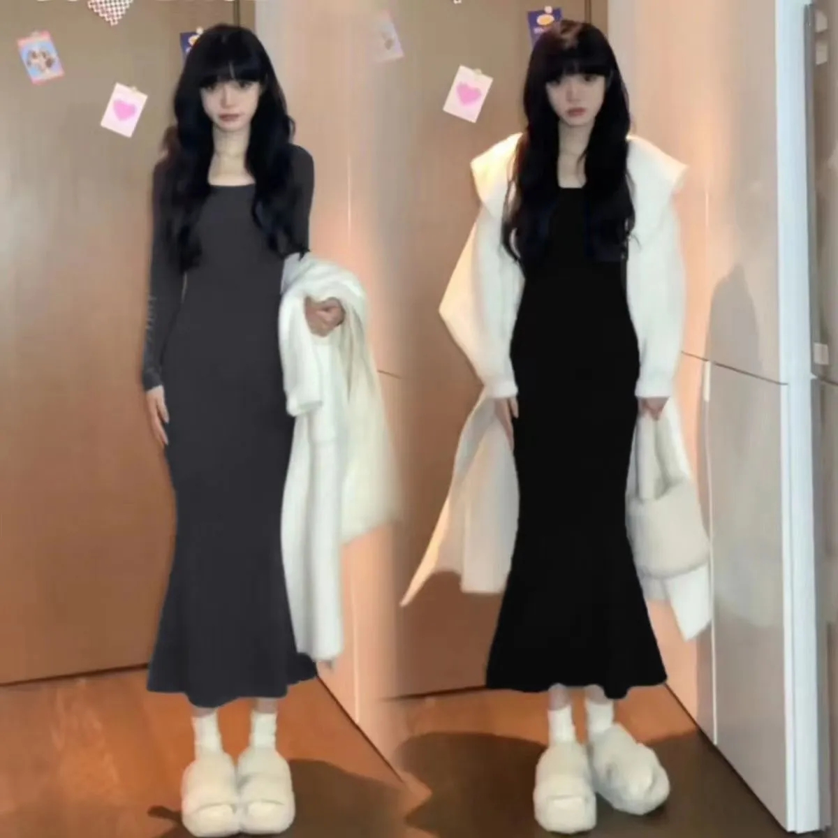 Fashionable super hot long fishtail skirt spring and autumn slimming bottoming dress for women with square neck hip skirt