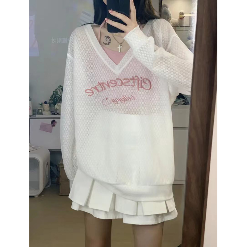 Sun protection shirt women's long-sleeved thin summer loose V-neck design top ins niche blouse for women