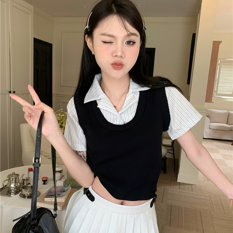 高質量條紋設計感假兩件短袖針織衫女夏拼接修身顯瘦短款上衣