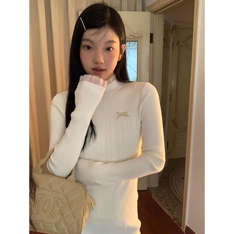 蝴蝶結毛衣女新款內搭設計高級感半高領針織打底衫純色春秋百搭