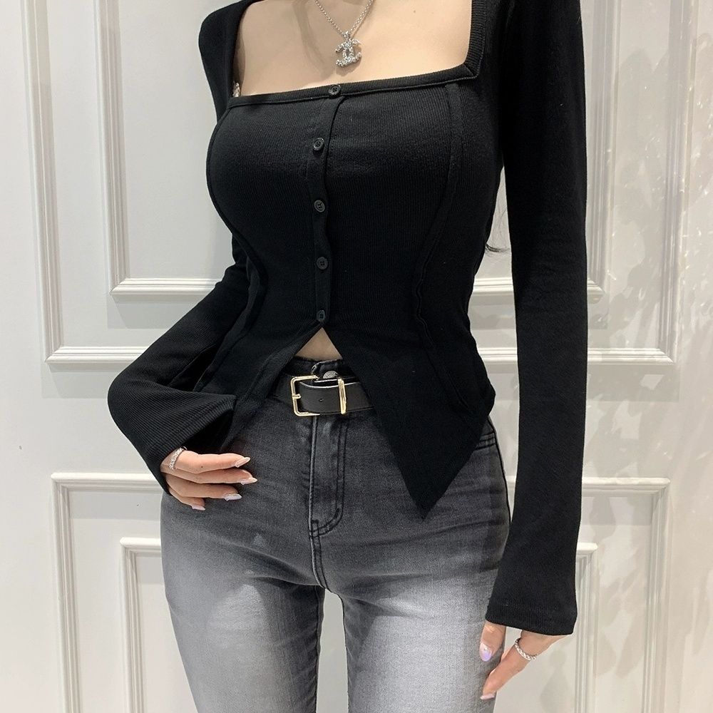 DeRong Spring and Autumn Pure Desire Square Collar Bottoming Shirt Women's Slim Single Breasted Long Sleeve Casual Short T-shirt Sexy