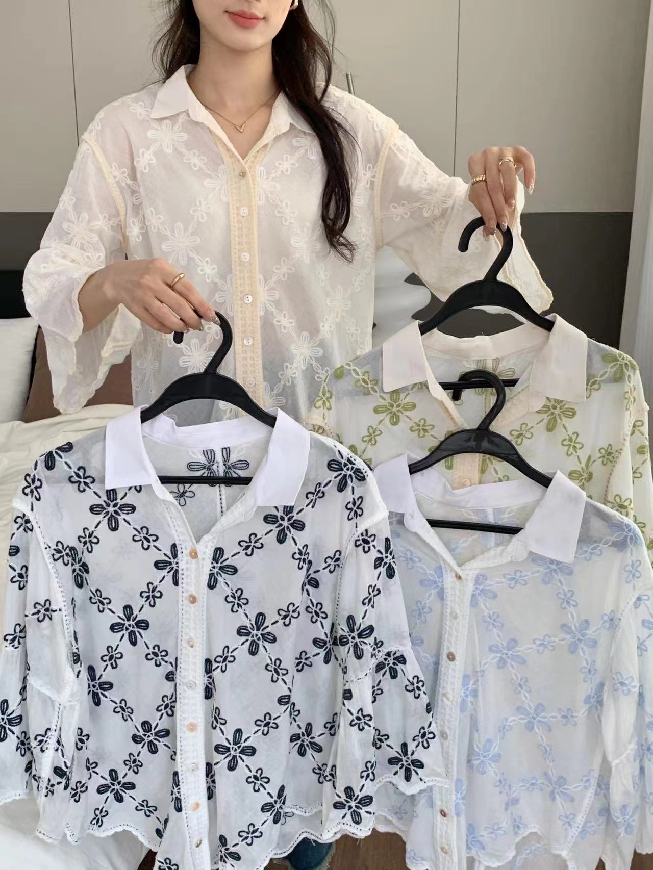 2024 New Spring and Summer Shirt Collar Heavy Embroidered Sequins Loose Single Breasted Chiffon Plant Flower Shirt