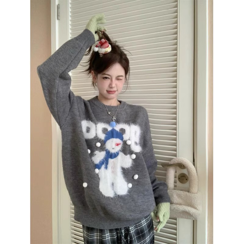 可愛提花套頭軟糯毛衣女冬季新款寬鬆針織衫學生百搭上衣