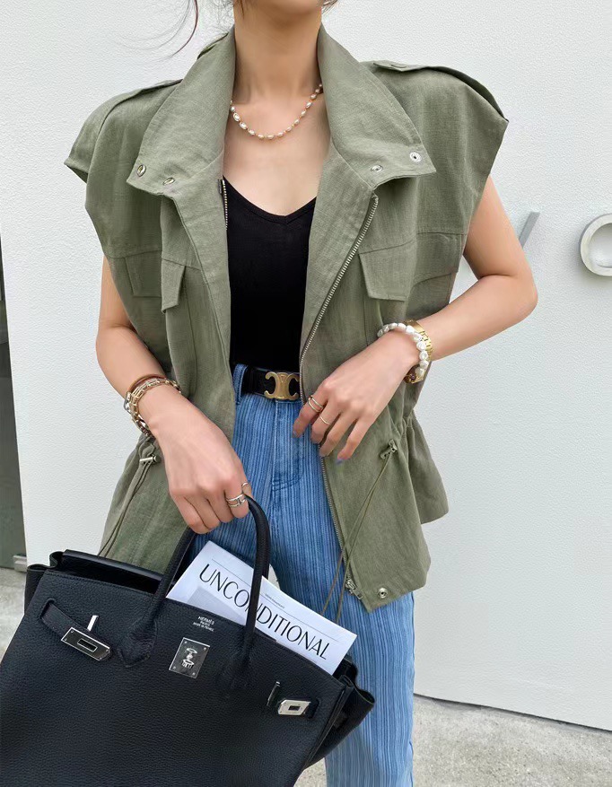 2024 new style chic linen versatile pocket jacket waist zipper workwear vest vest for women