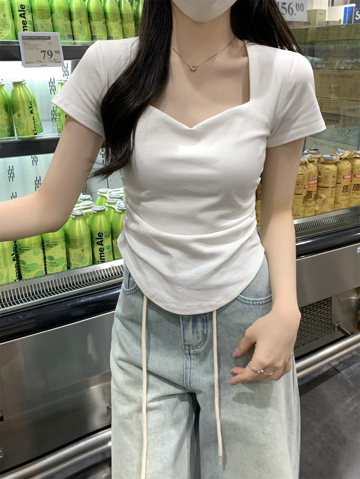Actual shot of spring and summer Korean style temperament seagull collar pleated design solid color pure cotton short-sleeved T-shirt top for women