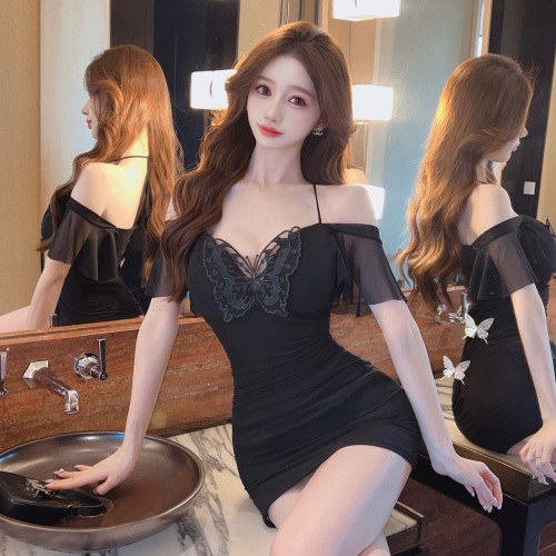 Real shot 2024 new sexy nightclub splicing lace off-shoulder hip dress