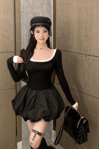 Real shot of U-neck backless slim long-sleeved spliced ​​puffy dress short girly style