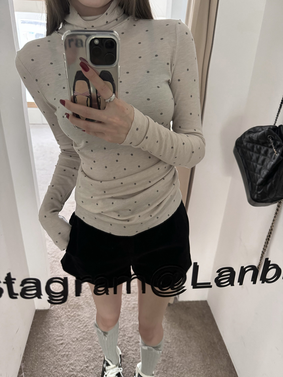 High collar polka dot T-shirt women's early spring design niche bottoming shirt slightly see-through inner layering slimming short top