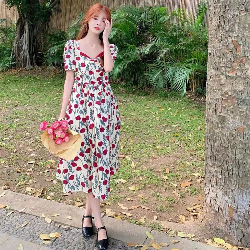 夏季溫柔風玫瑰印花短袖連衣裙收腰顯瘦洋氣大碼中長裙ins潮