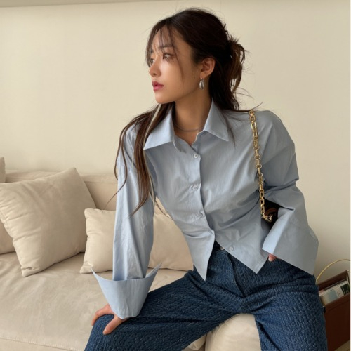 Early spring temperament lapel sexy backless cross strap design buttoned slim long-sleeved shirt