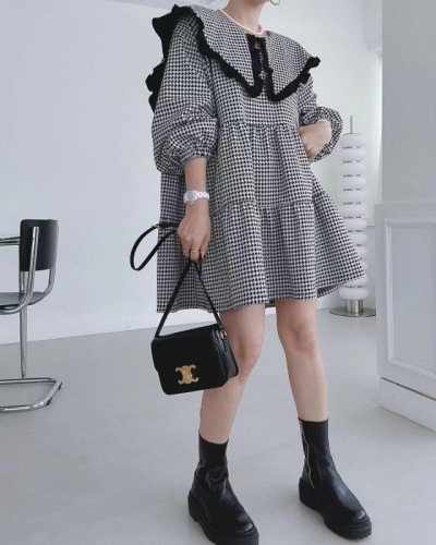 2024 Korean chic fashionable large lapel houndstooth dress
