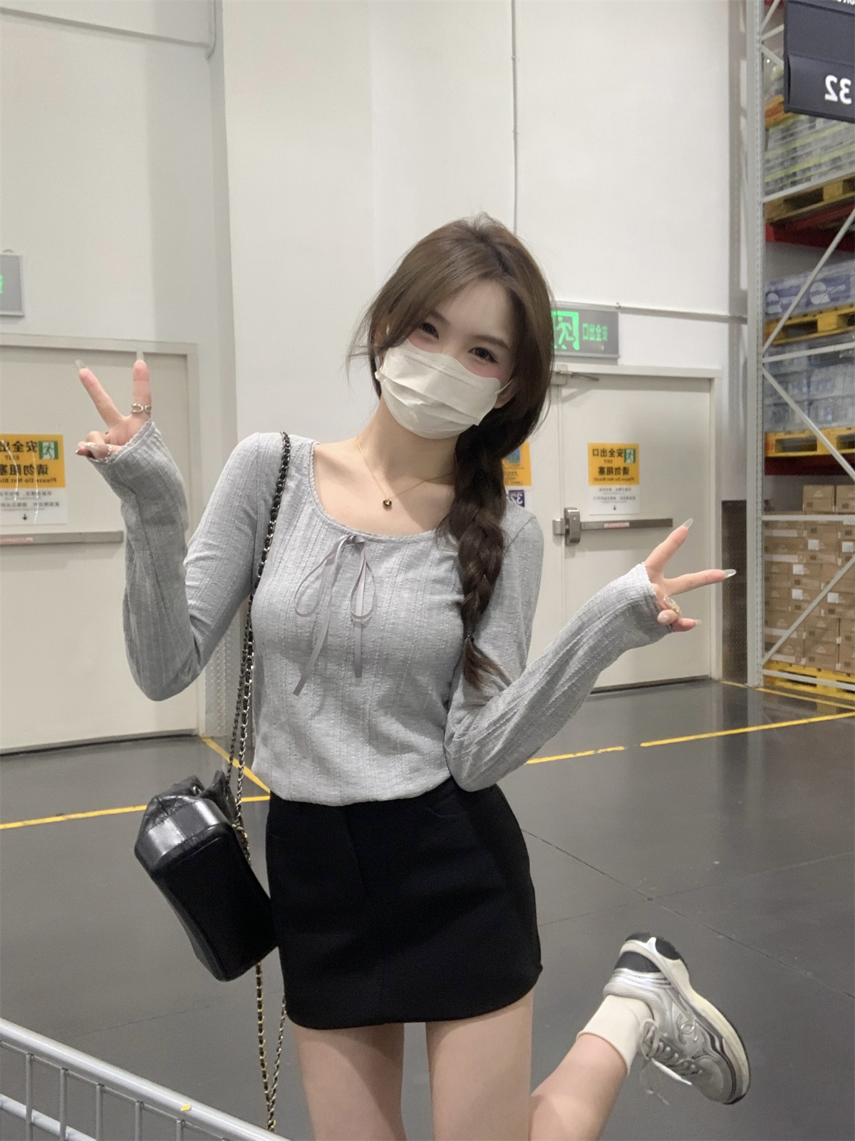 Actual shot of spring Korean style sweet bow stitching lace design solid color long-sleeved T-shirt women's top