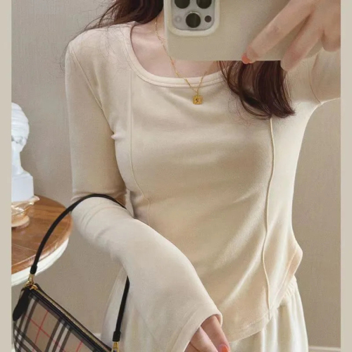 Pure lust style fishbone showing chest white inner long-sleeved T-shirt women's trendy autumn and winter slim u-neck bottoming shirt