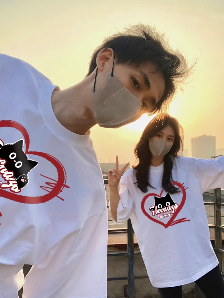 High-end short-sleeved T-shirt Valentine's Day 2024 New Year couple wear early spring and summer trendy pure cotton loose top for men