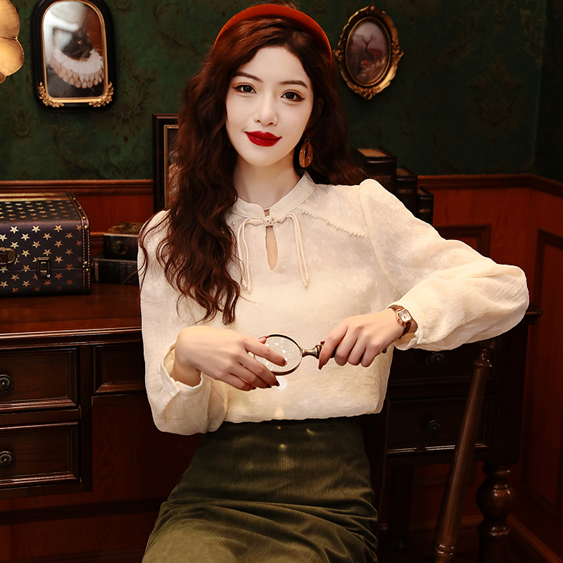Actual shot of 2024 spring new Chinese style plate buckle tassel beading long-sleeved shirt lace national style chiffon top
