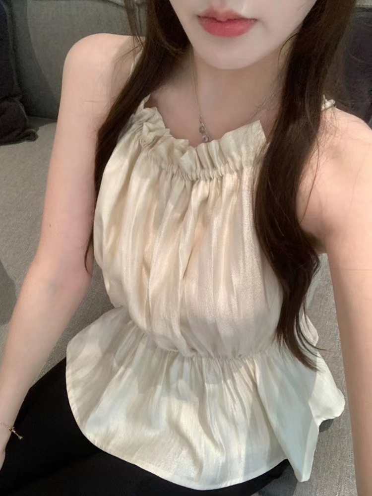 High-end temperament halter neck vest suspender women's summer outer wear design niche hot girl sleeveless drawstring waist top