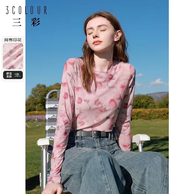 2024 Spring Sweet Cool Mesh Printed T-shirt Women's Long Sleeve Round Neck Right Shoulder Top Slimming Pullover