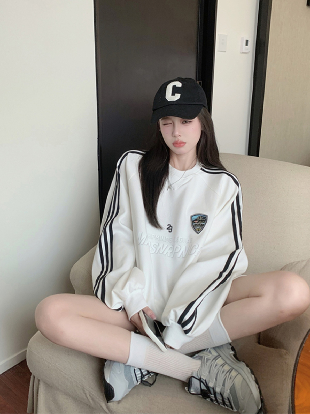 撞色長袖衛衣女