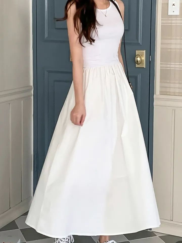 Korean chic round neck slim waist vest spliced ​​large swing dress for women