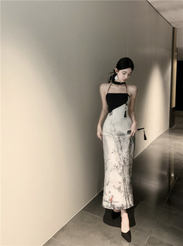 Actual shot of Chinese-style design ink print halterneck sleeveless dress