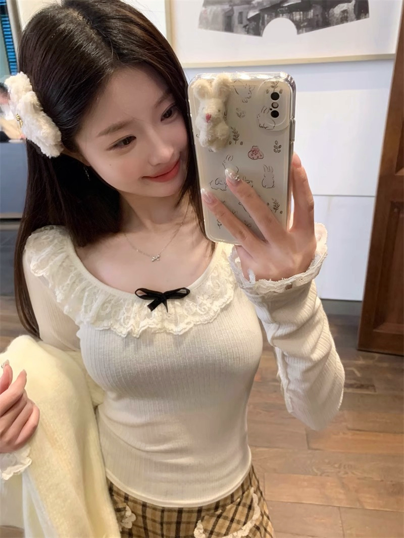 Already shipped Pure Desire Lace Bottoming Sweater 2024 Spring Chic Slimming Short T-shirt Top