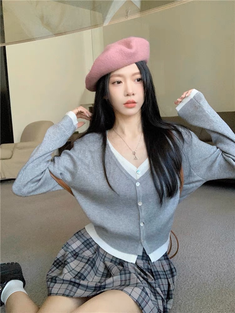 已出貨 假兩件針織開衫外套毛衣灰色打底衫短款長袖內搭絕美上衣