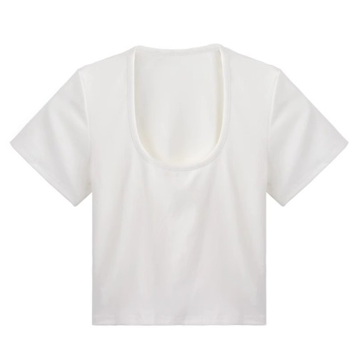 Official picture 92 cotton/8 spandex 40 count 210g pure cotton white U-neck short shoulder T-shirt for women