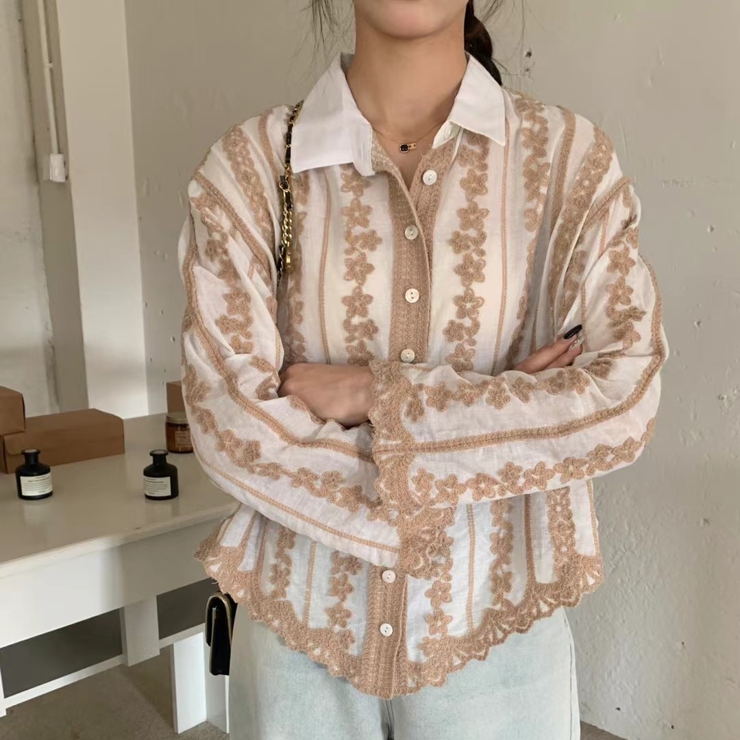2024 New Spring and Summer Shirt Collar Heavy Embroidery Loose Single-breasted Chiffon Plant Flower Shirt