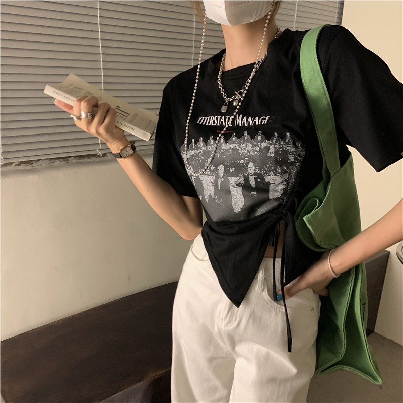 復古chic抽抽繩開叉正肩顯瘦短袖T恤女夏季2024酷甜上衣