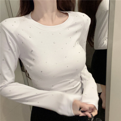 Actual shot~Heavy Industry Hot Diamond Round Neck T-shirt for Women 2024 Spring New Sweet and Spicy Short Style Slim Fit Top