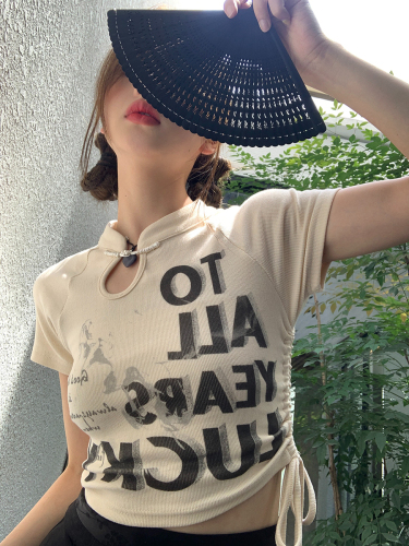 Short-sleeved T-shirt for women summer 2024 new style short national style irregular design niche hot girl