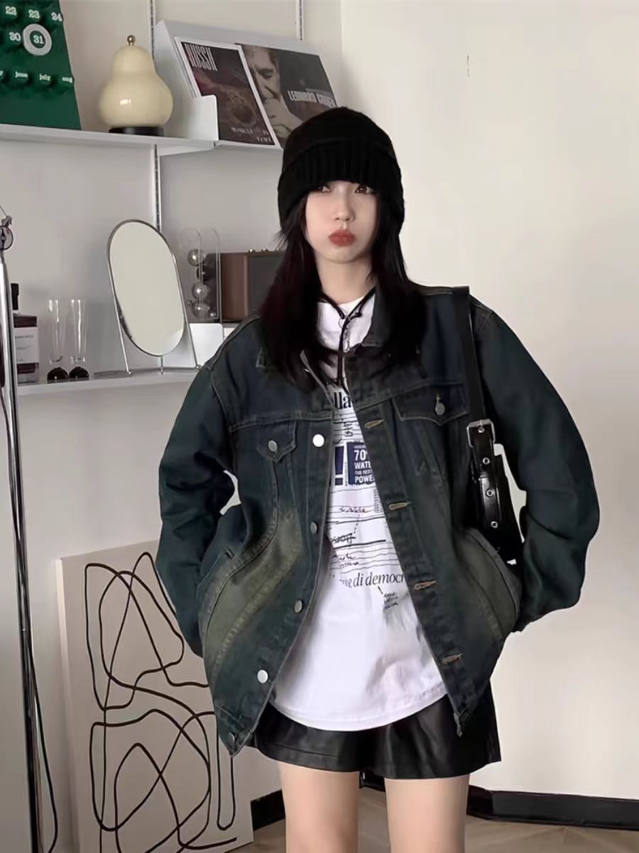 美式水洗做舊外套2024春款女裝新款潮流牛仔寬鬆休閒長袖夾克上衣