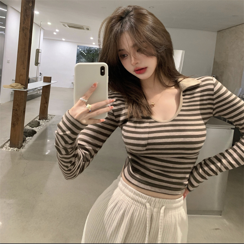 High-waist striped slimming T-shirt, sexy inner U-neck bottoming shirt, hot girl short long-sleeved top for women